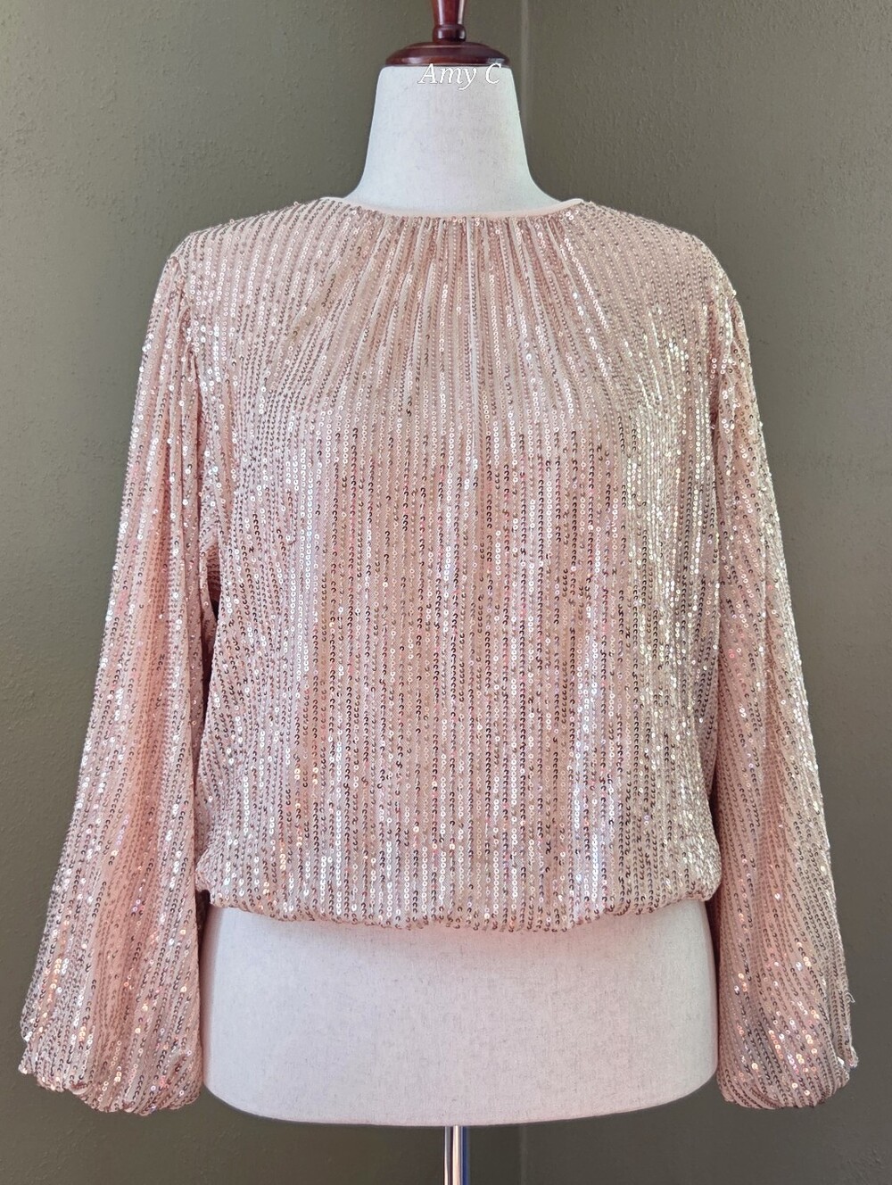 Sequin Long-Sleeve Blouse By Flying Tomato- Rose Gold Size L